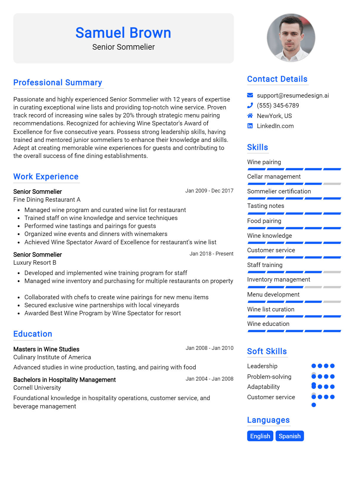 Senior Sommelier Resume Example