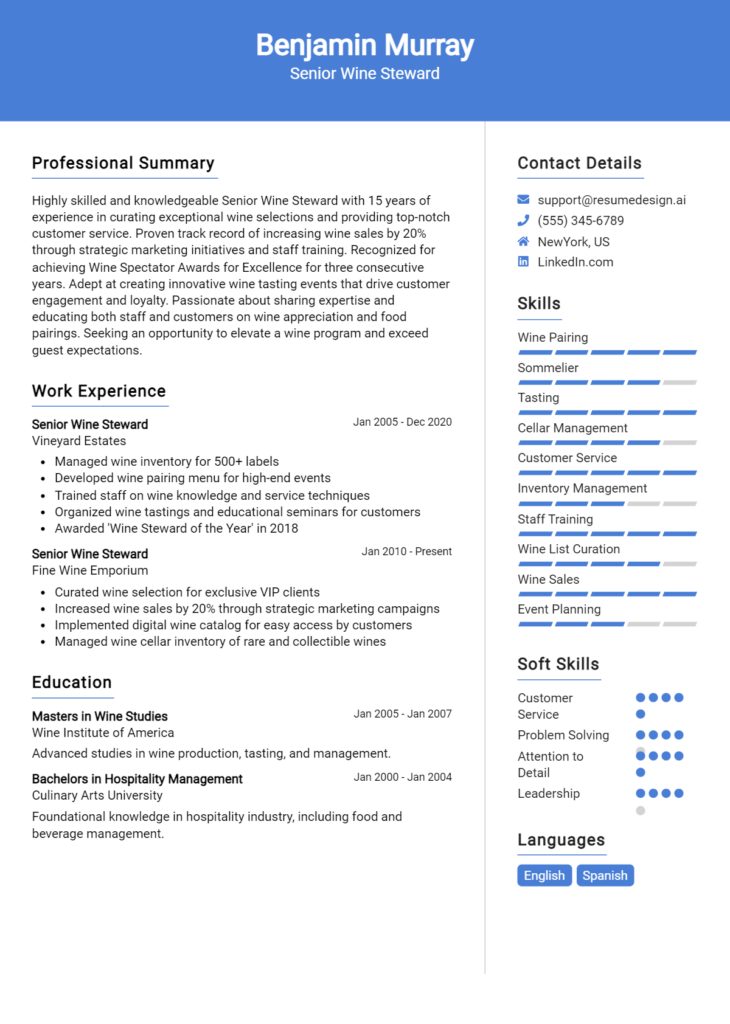 Senior Wine Steward Resume Example