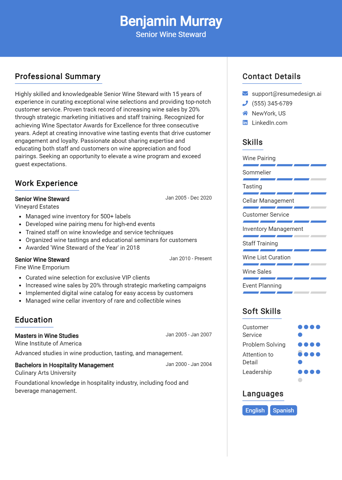 17 Senior Wine Steward Resume Examples And Templates for 2024 ...