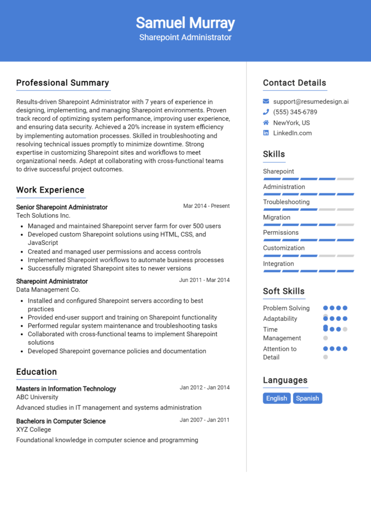 Sharepoint Administrator Resume Example