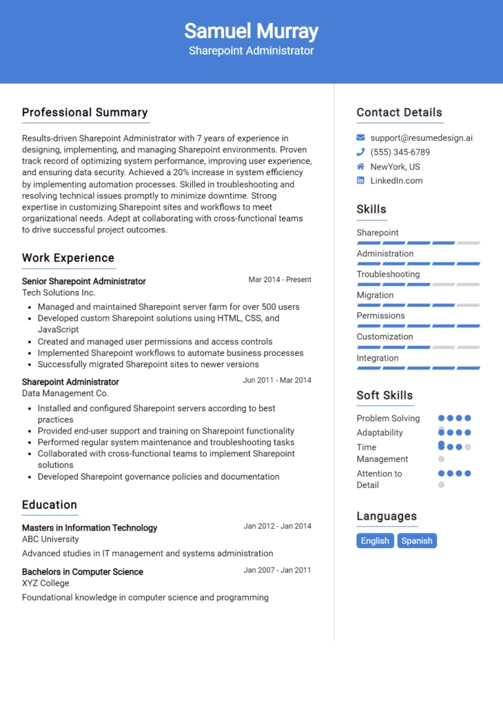 Sharepoint Administrator Resume Example