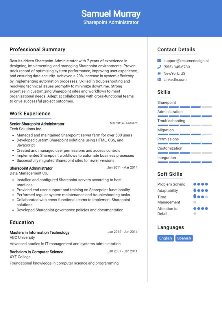 24 SharePoint Administrator Resume Examples And Templates for 2025
