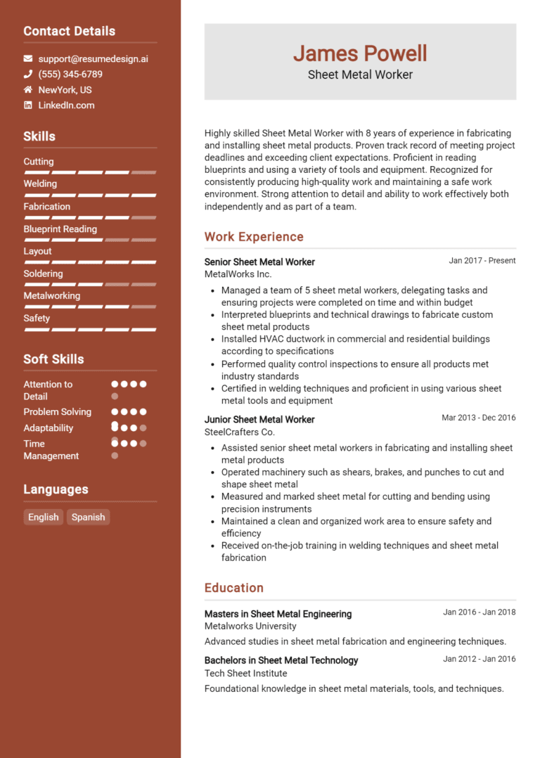 18 Sheet Metal Worker Resume Examples And Templates for 2025