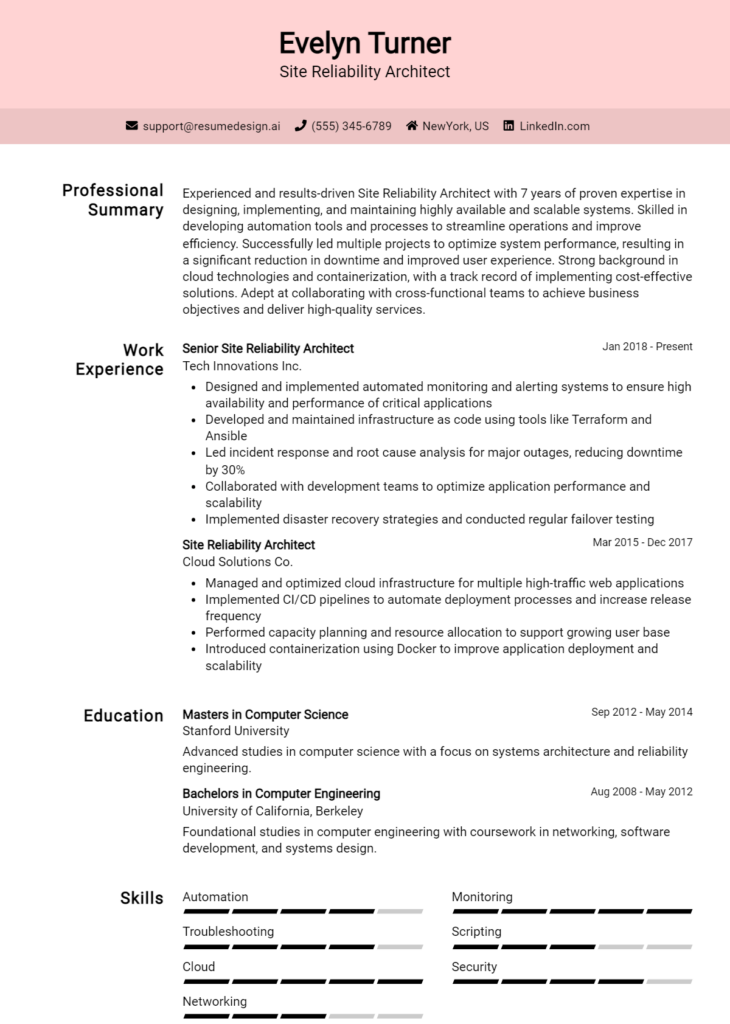 Site Reliability Architect Resume Example