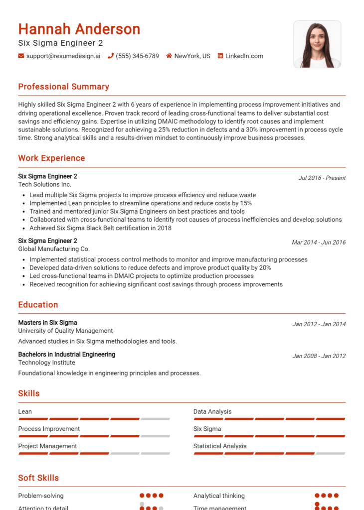 Six Sigma Engineer 2 Resume Example