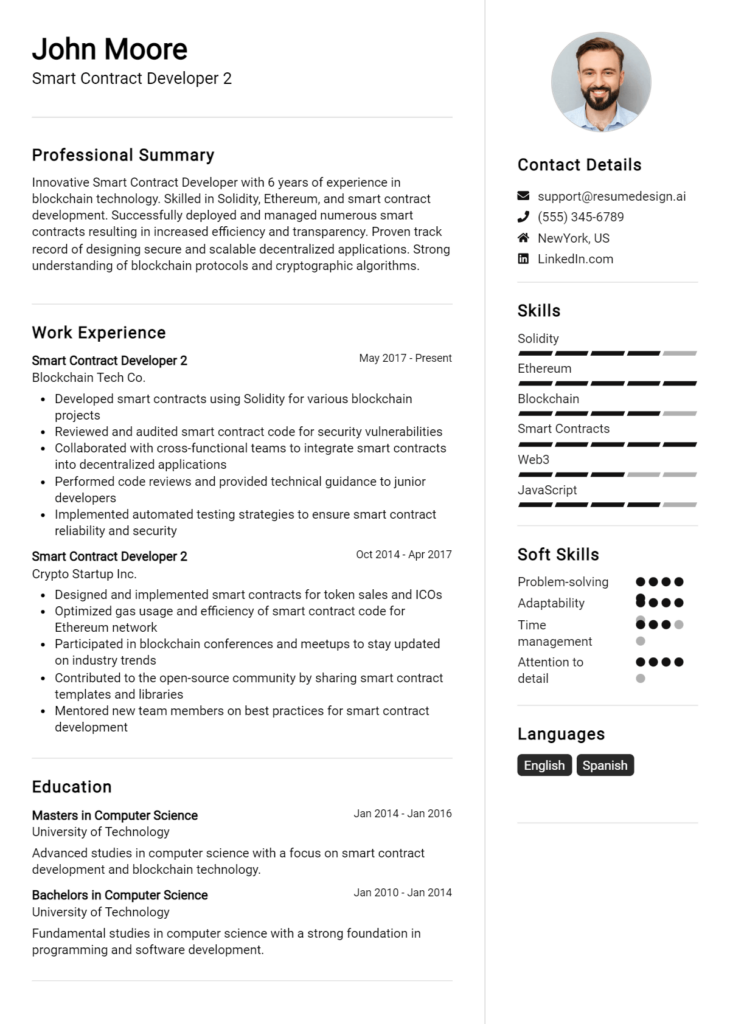 Smart Contract Developer 2 Resume Example