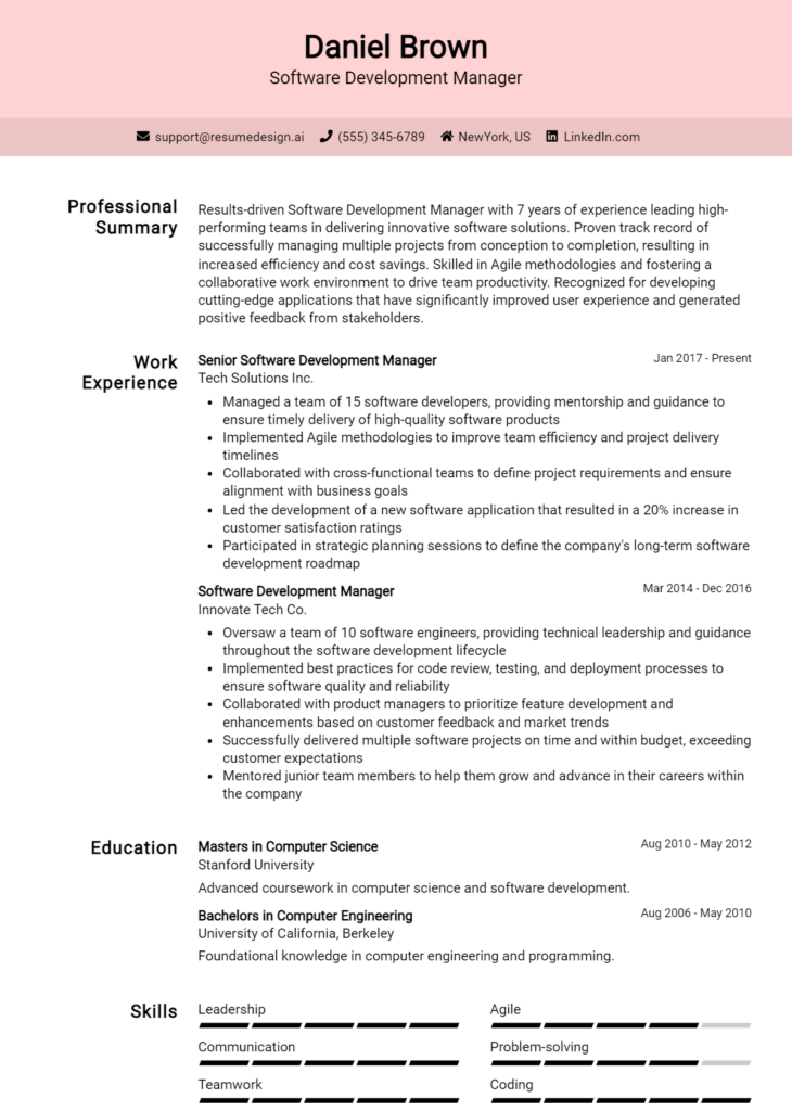 Software Development Manager Resume Example