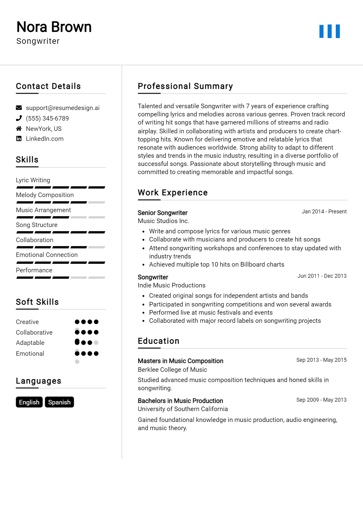 Songwriter Resume Example