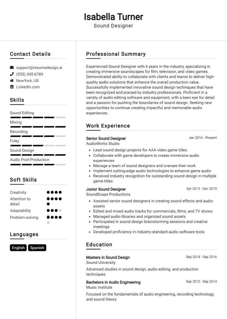 Sound Designer Resume Example