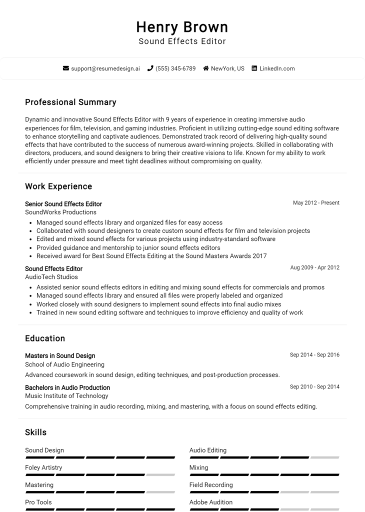 Sound Effects Editor Resume Example