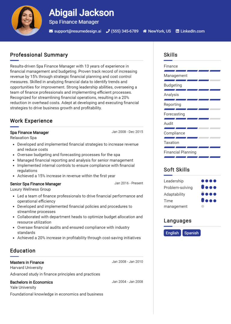 18 Spa Finance Manager Resume Examples And Templates for 2025