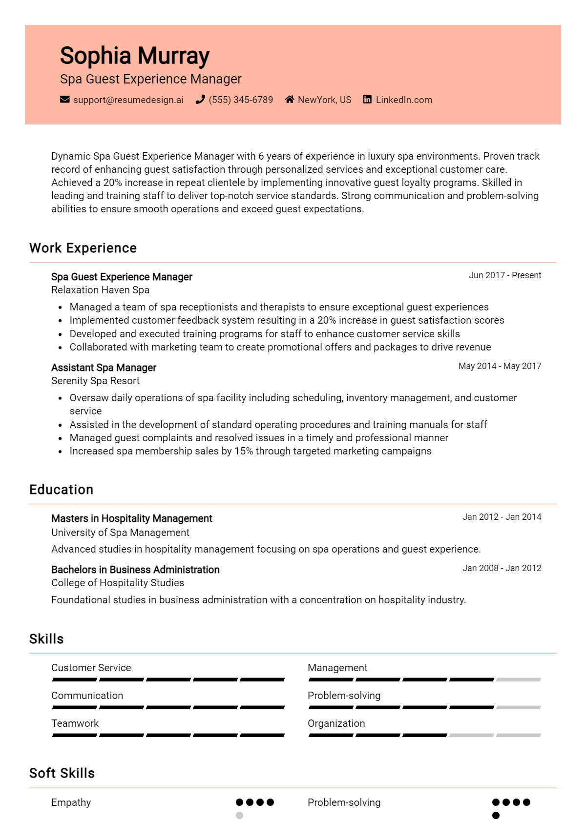 Spa Guest Experience Manager Resume Example