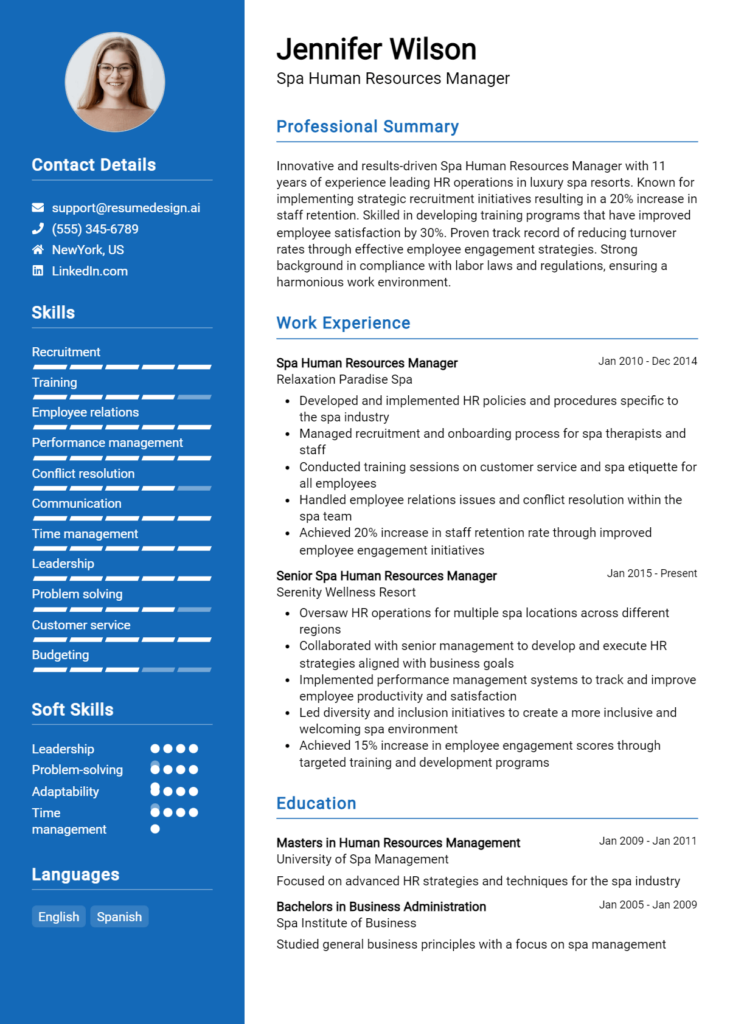 Spa Human Resources Manager Resume Example