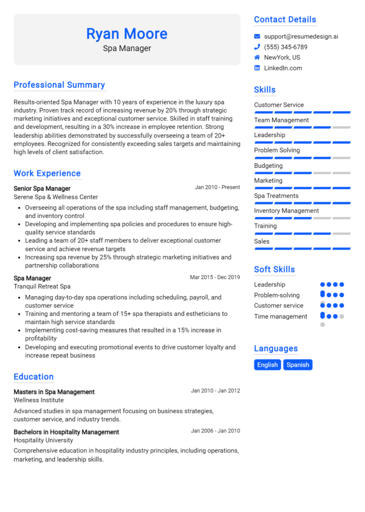 Spa Manager Resume Example