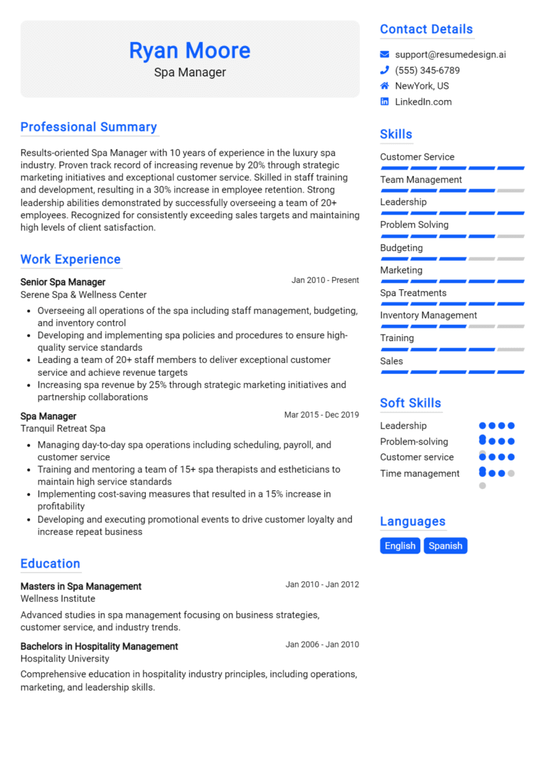 18 Spa Manager Resume Examples And Templates for 2025