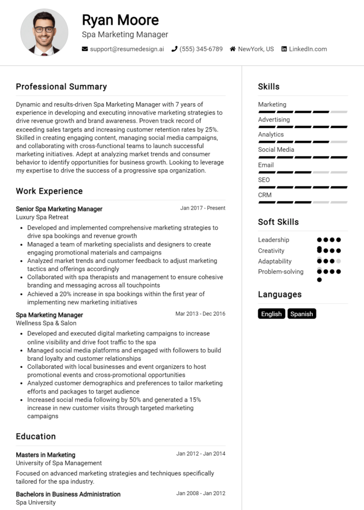 Spa Marketing Manager Resume Example