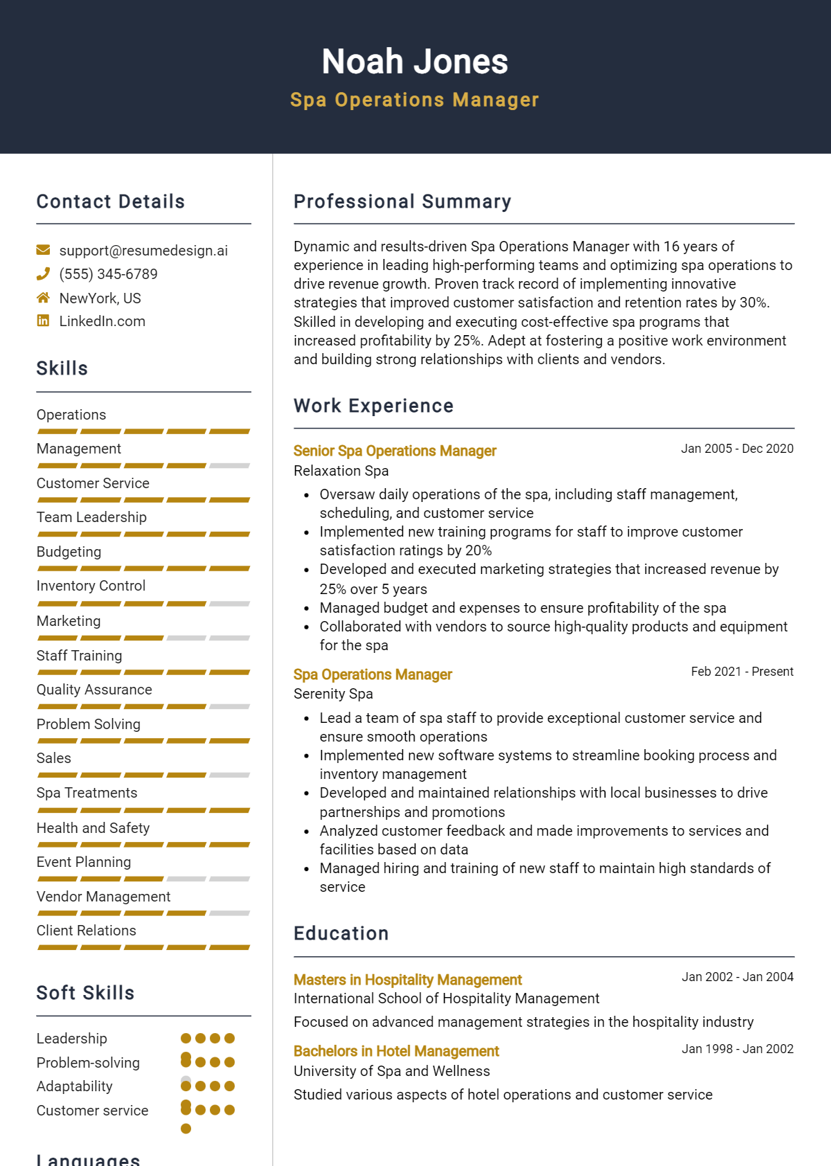 Spa Operations Manager Resume Example