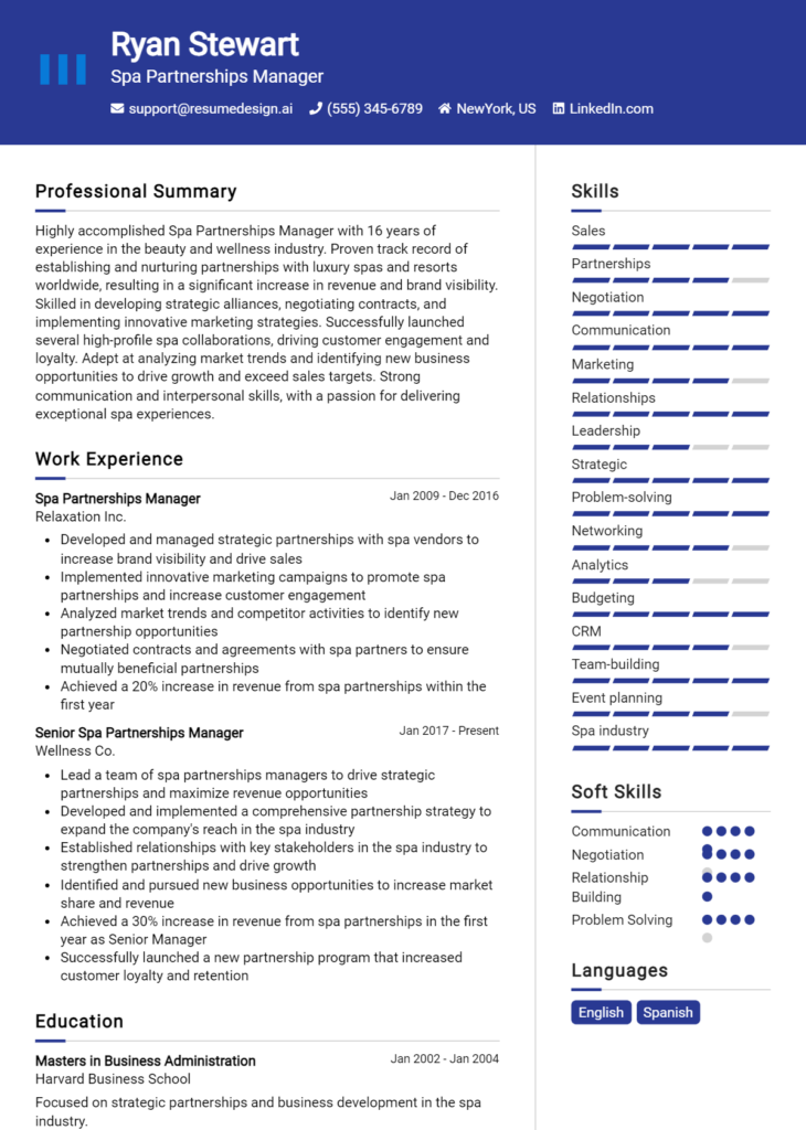 Spa Partnerships Manager Resume Example