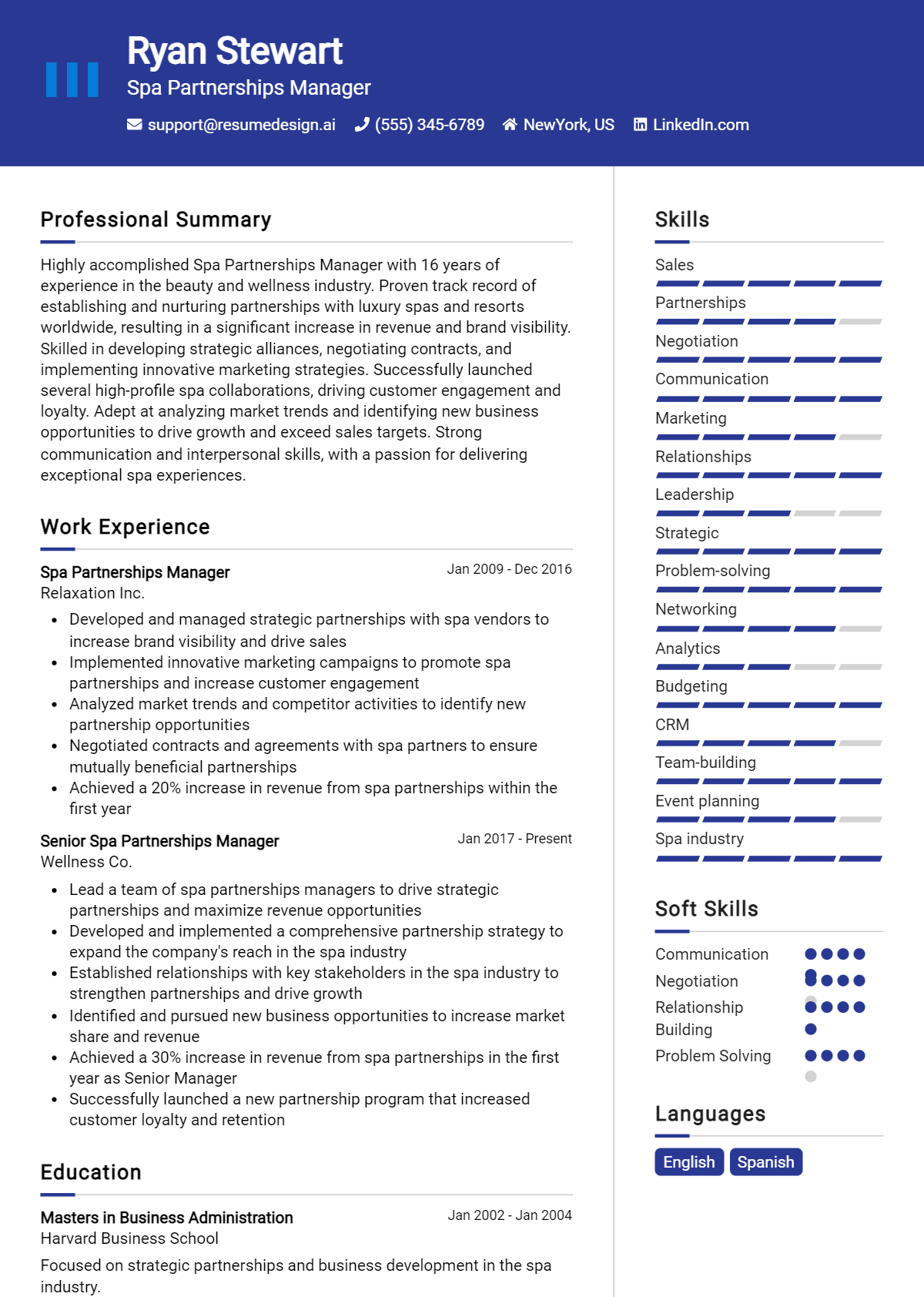 Spa Partnerships Manager Resume Example