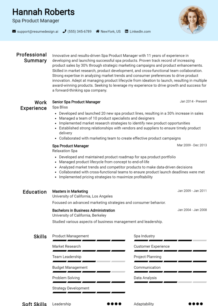 Spa Product Manager Resume Example