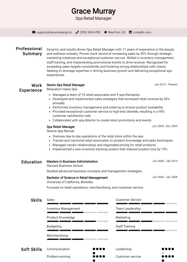 Spa Retail Manager Resume Example