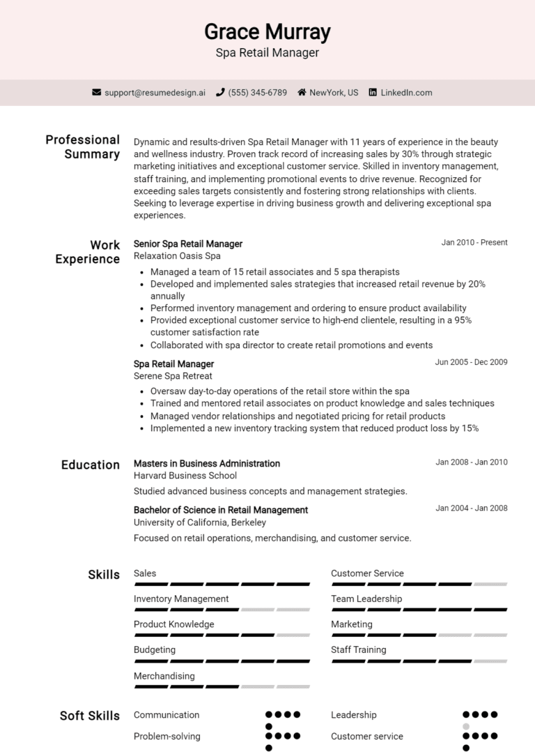 18 Spa Retail Manager Resume Examples And Templates for 2025
