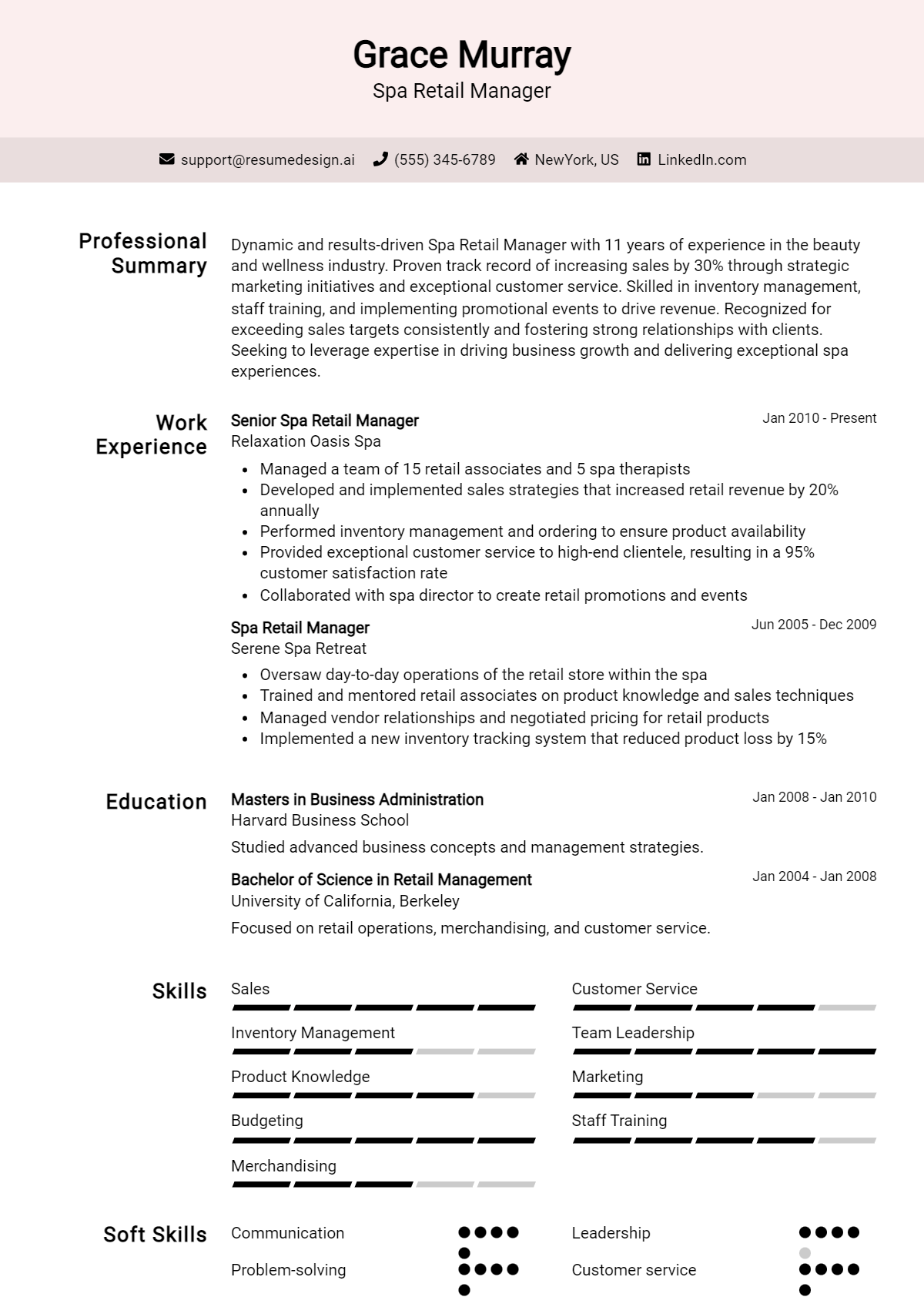 Spa Retail Manager Resume Example