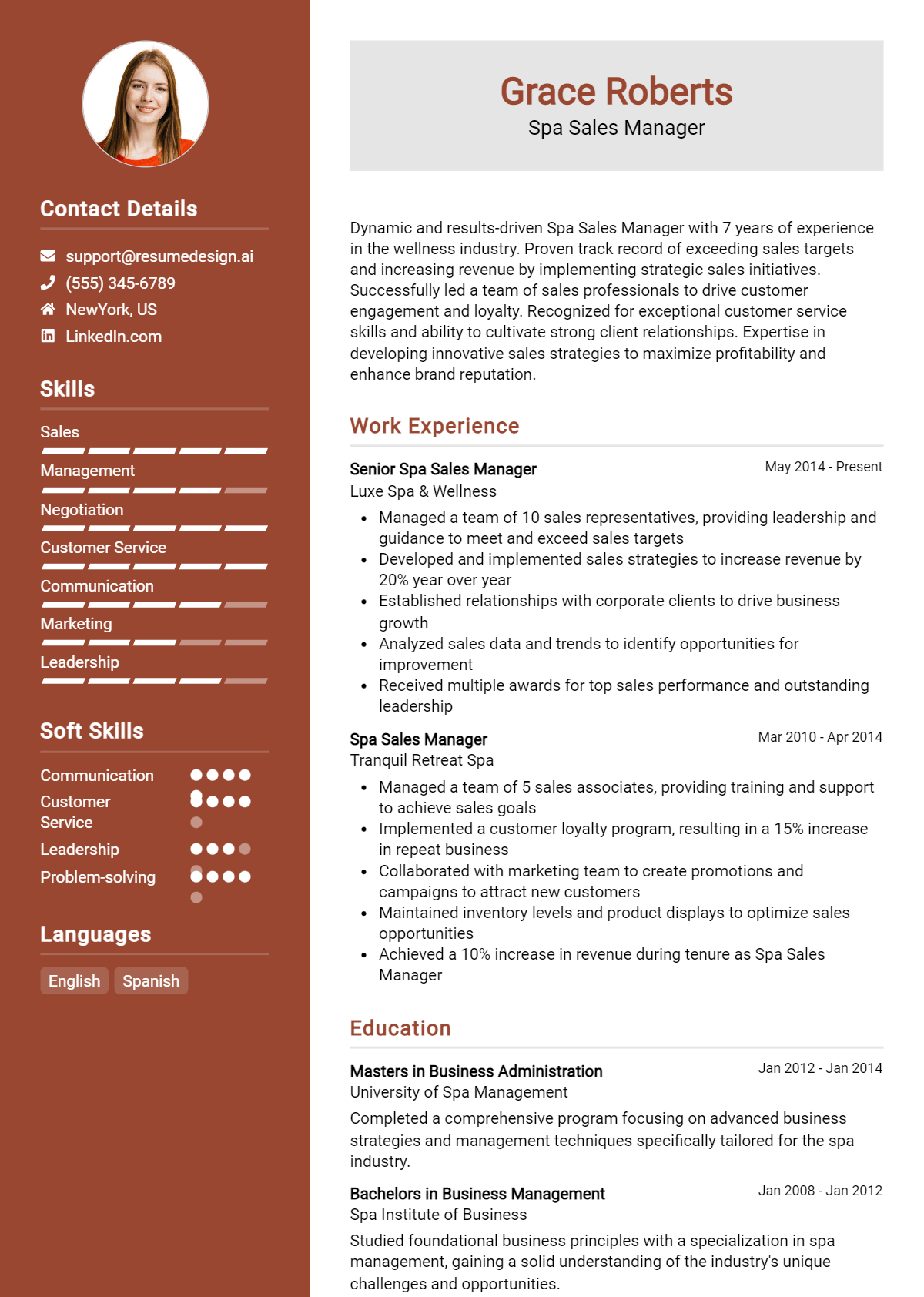 Spa Sales Manager Resume Example