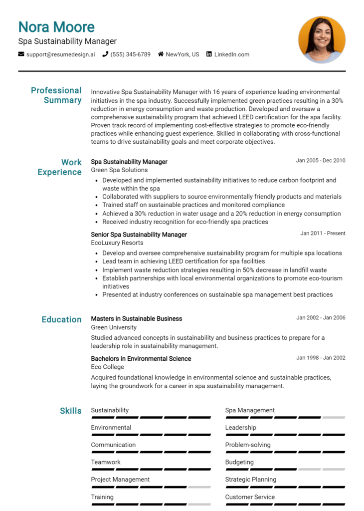 Spa Sustainability Manager Resume Example