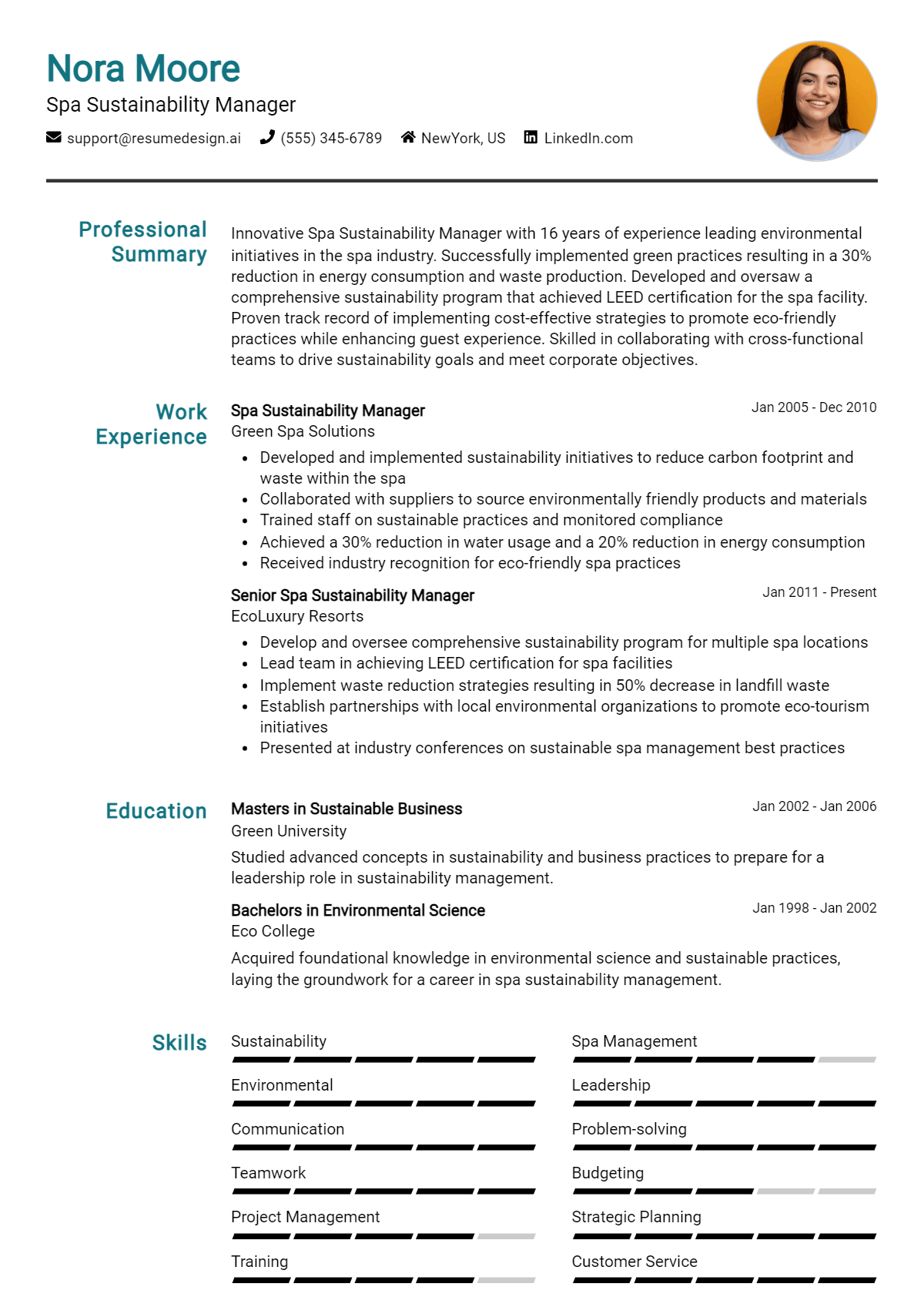 Spa Sustainability Manager Resume Example