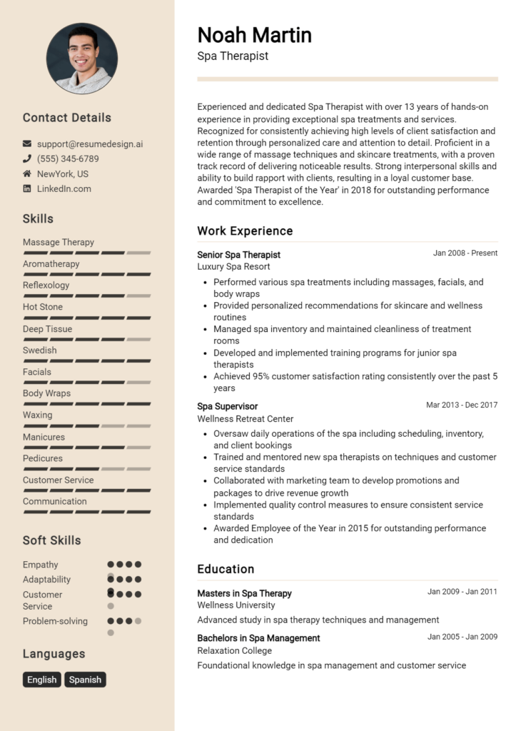 Spa Therapist Resume Example