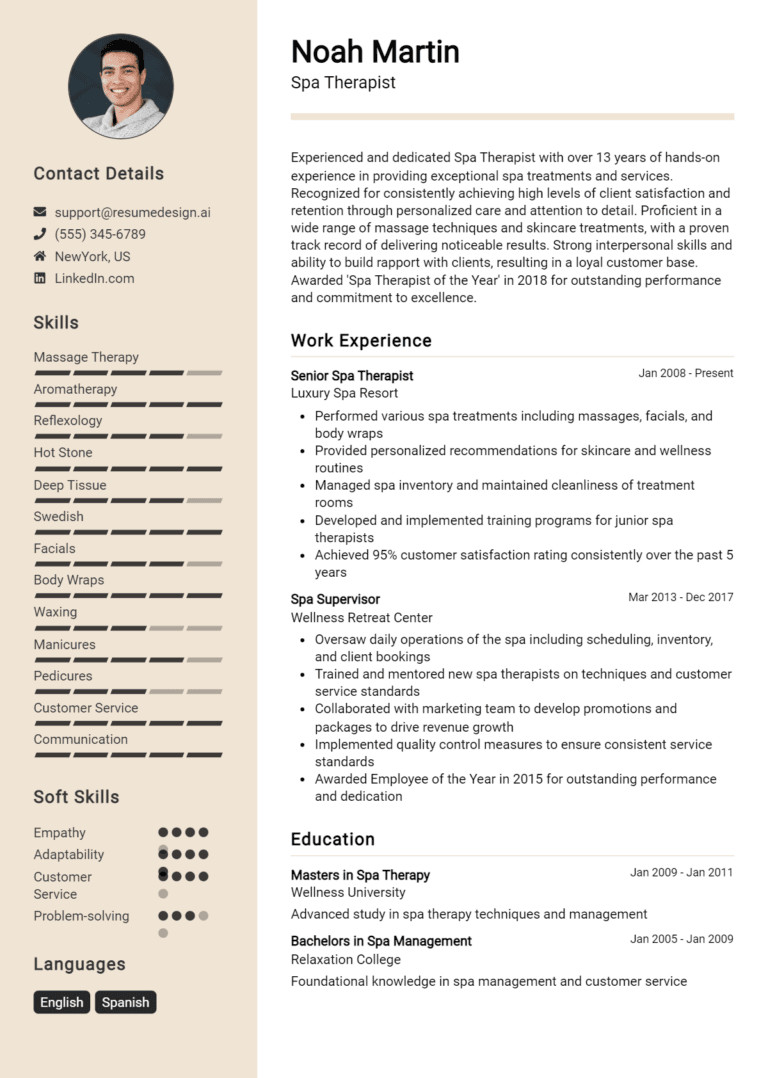 18 Spa Therapist Resume Examples And Templates for 2025: Best Tips