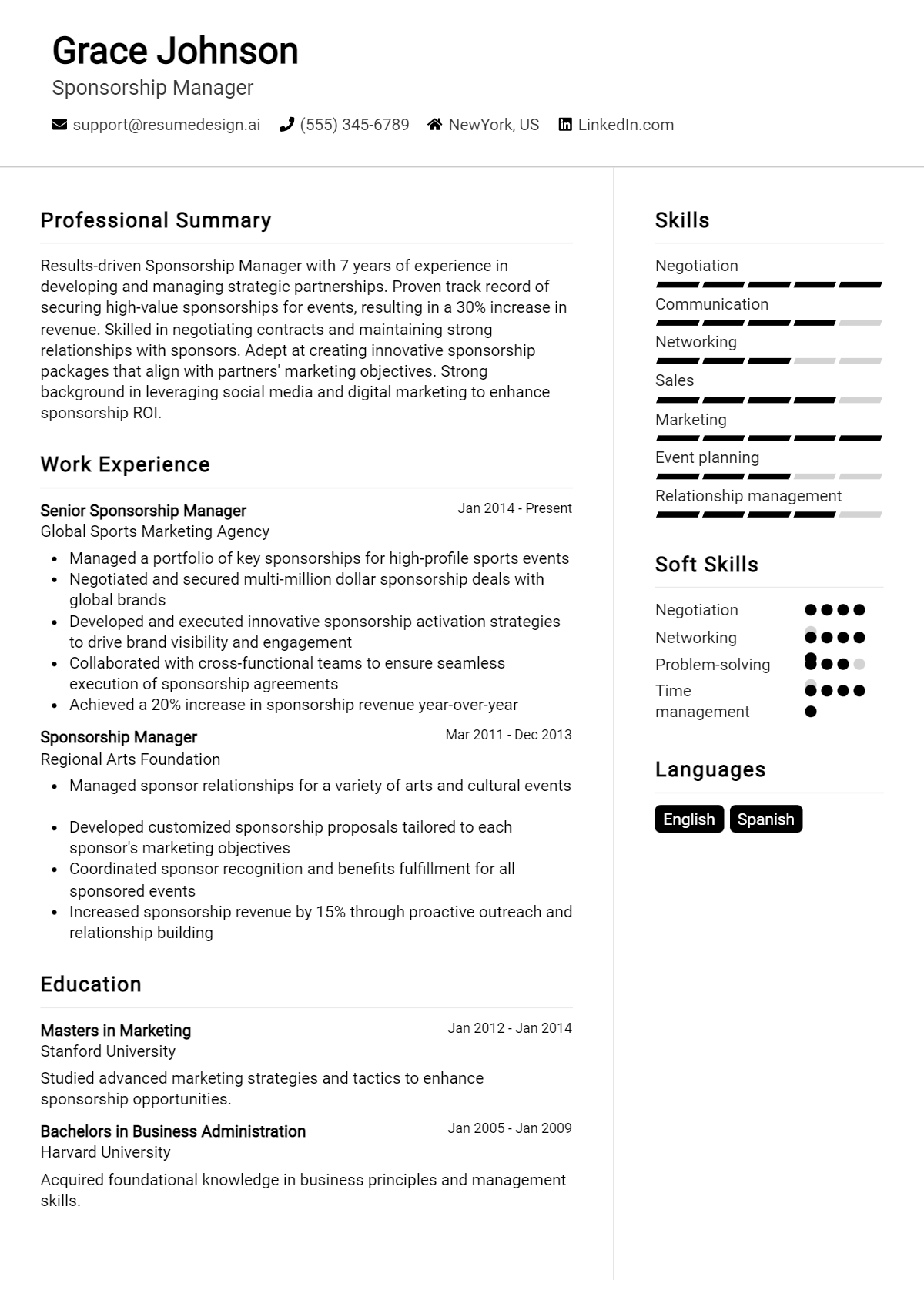 Sponsorship Manager Resume Example