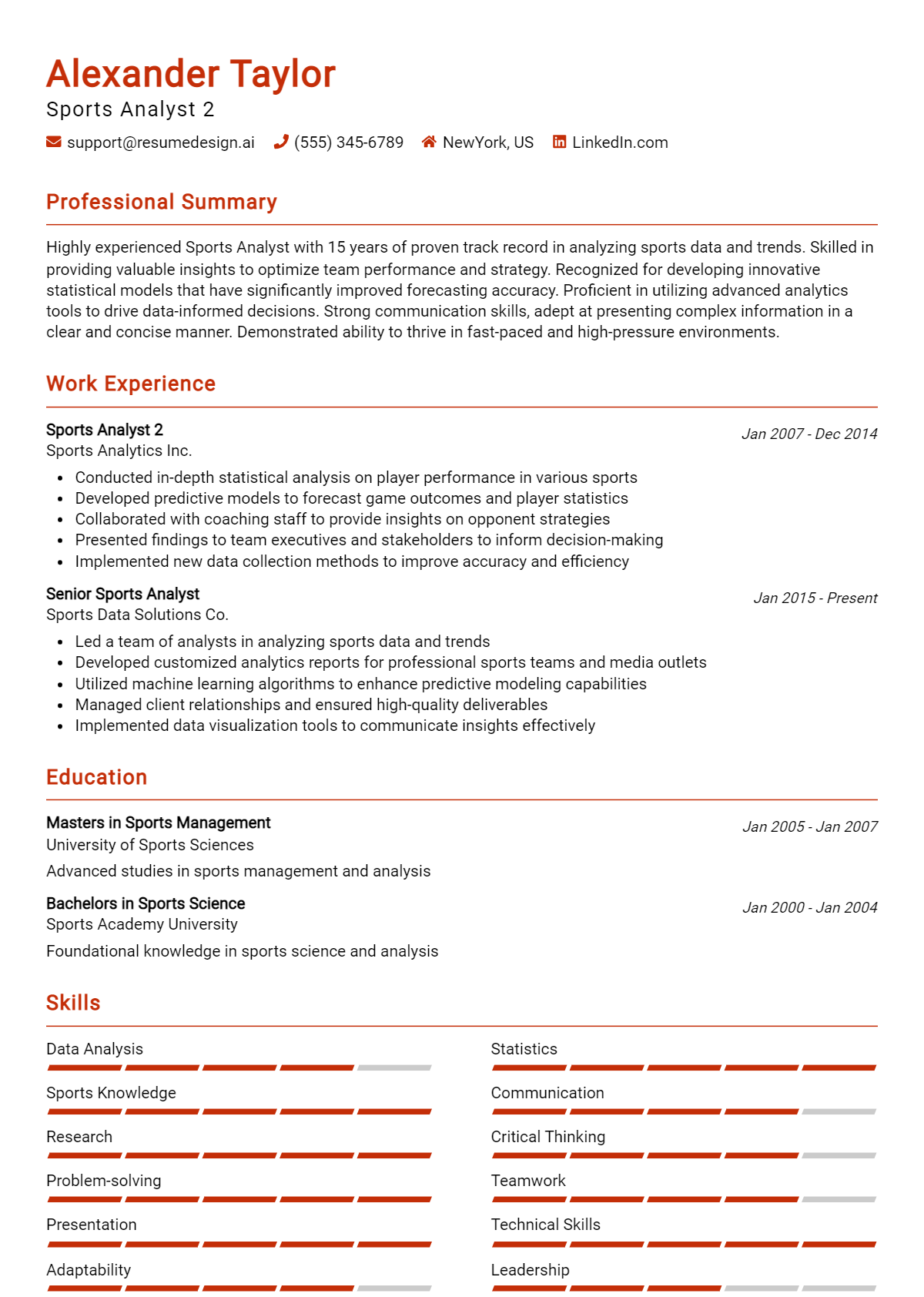 Sports Analyst 2 Resume Example