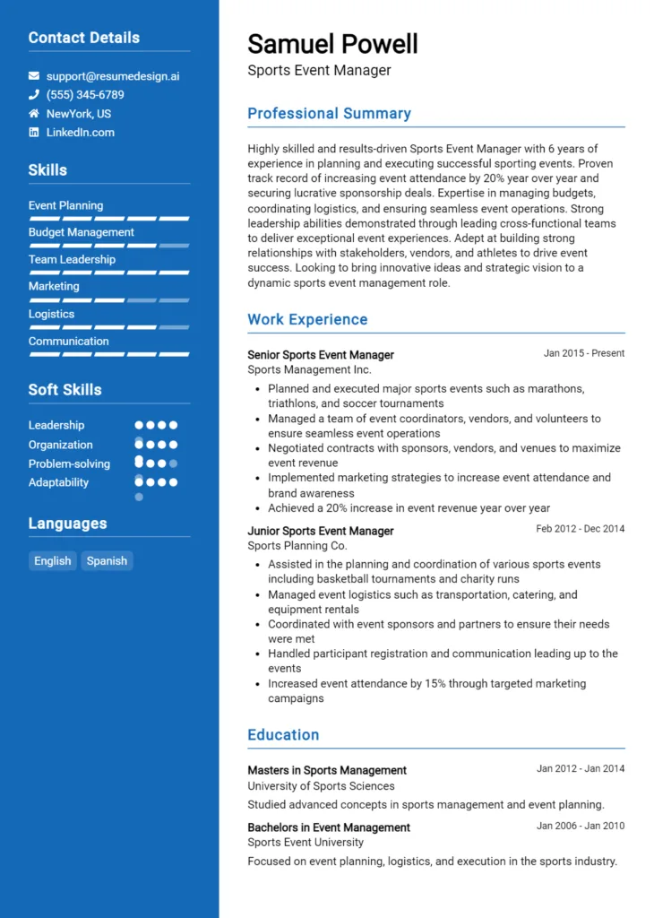 Sports Event Manager Resume Example