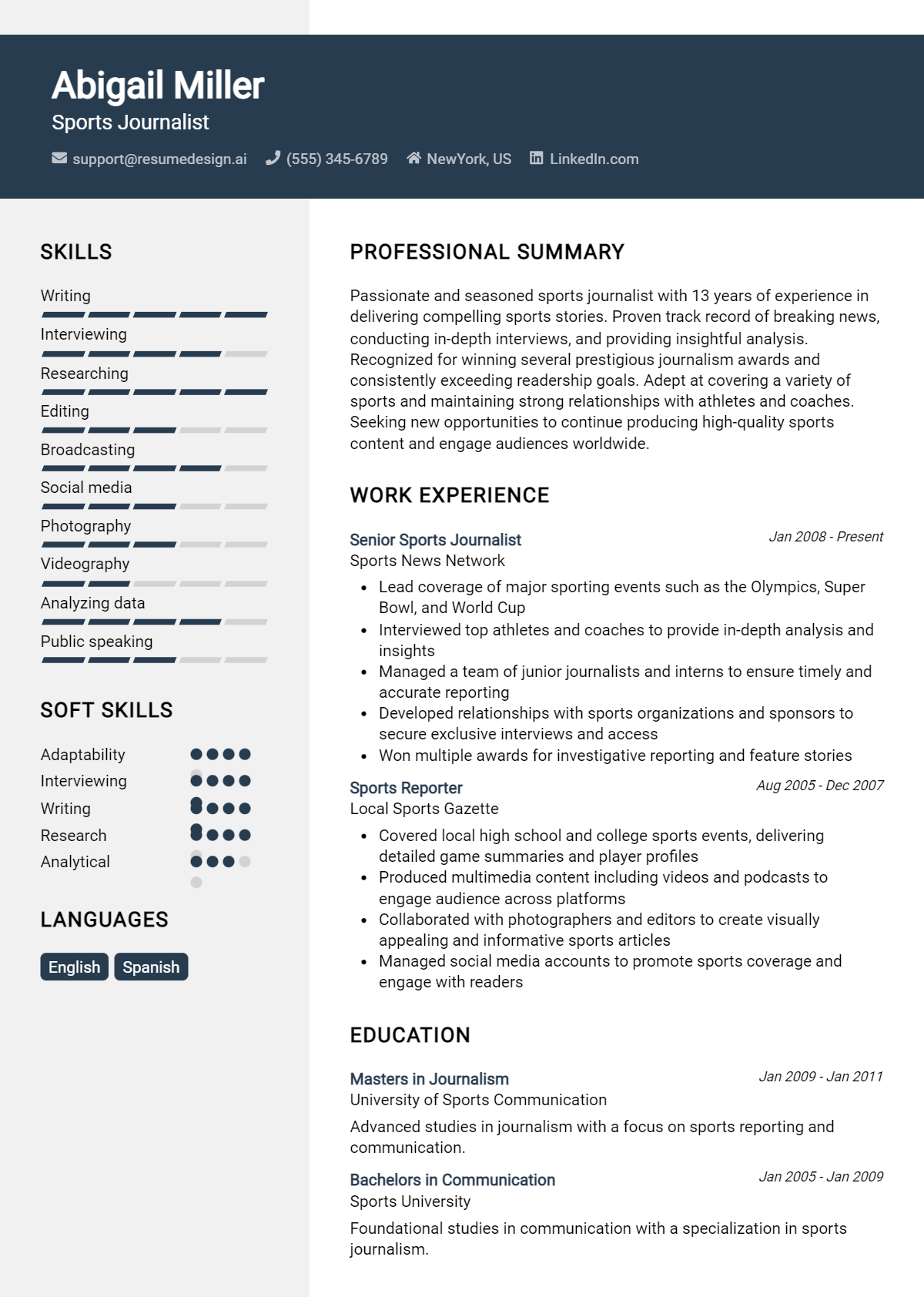 Sports Journalist Resume Example