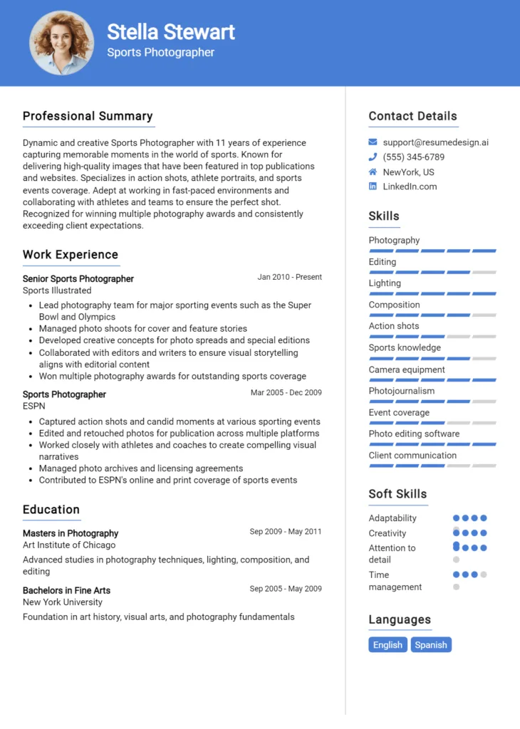 Sports Photographer Resume Example