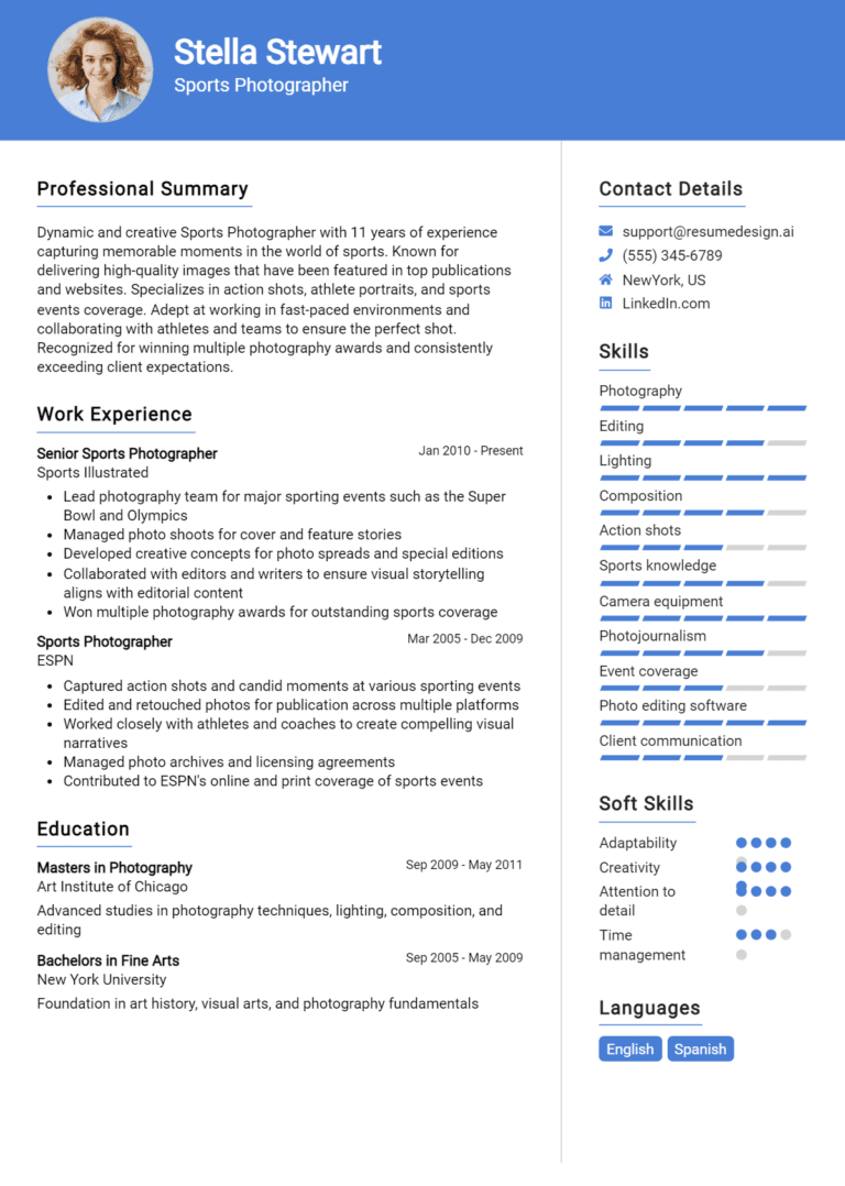 10 Sports Photographer Resume Examples And Templates for 2025: Best Tips