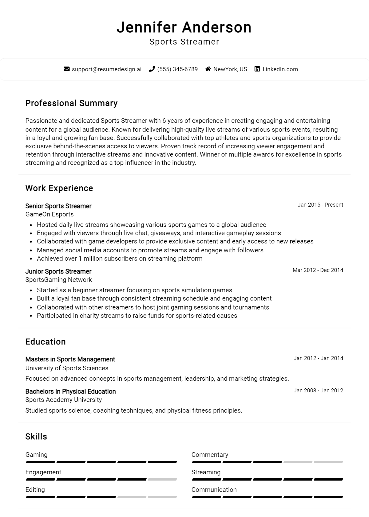 Sports Streamer Resume Example