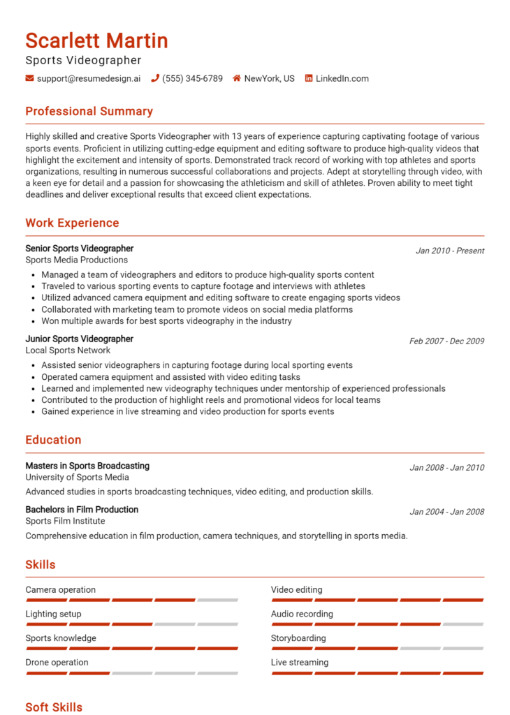 Sports Videographer Resume Example