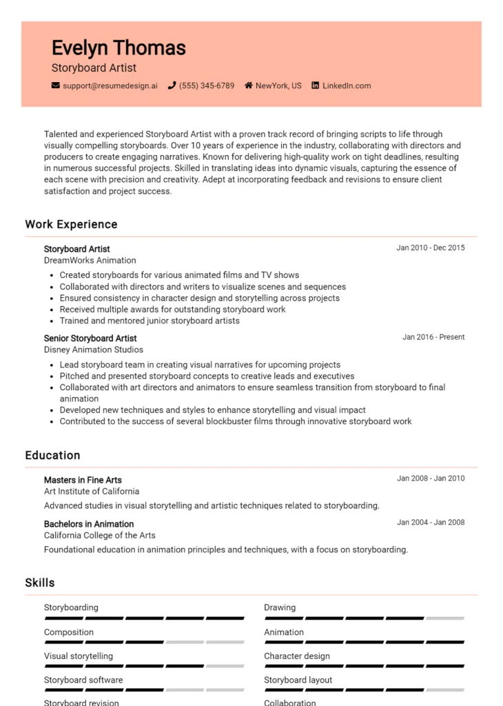 Storyboard Artist Resume Example