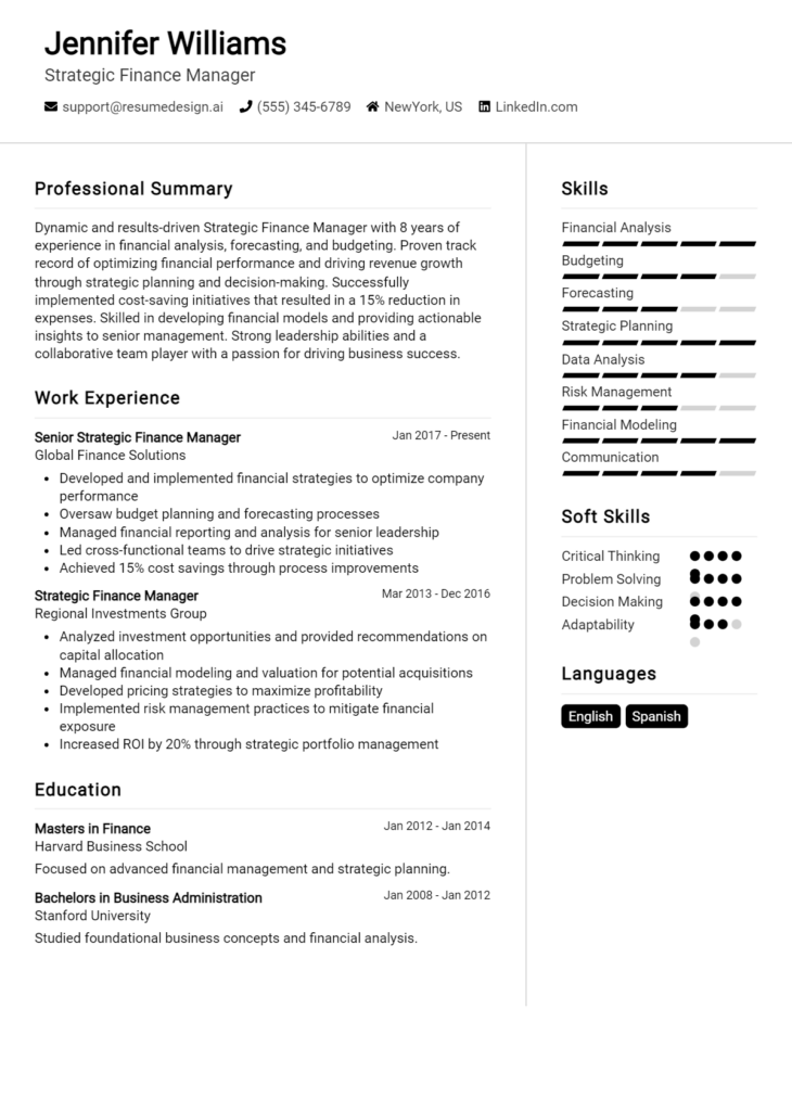 Strategic Finance Manager Resume Example