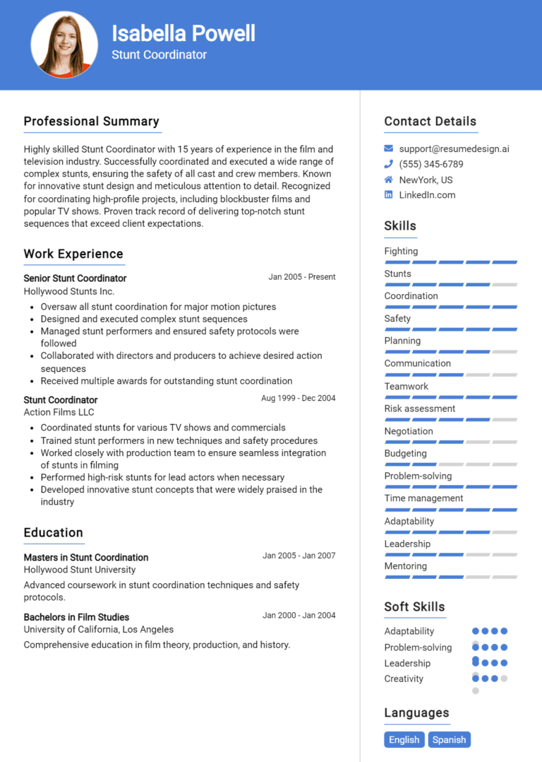 16 Stunt Coordinator Resume Examples And Templates for 2025 [Guide]
