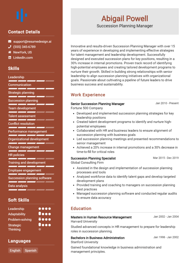 Succession Planning Manager Resume Example