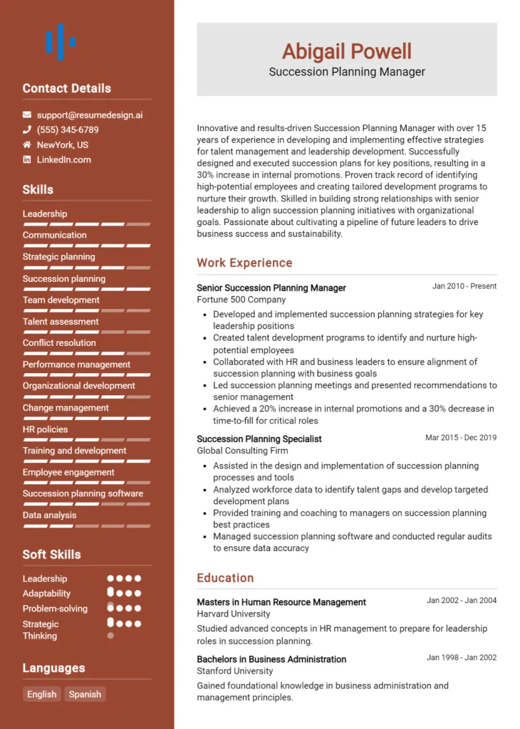 Succession Planning Manager Resume Example
