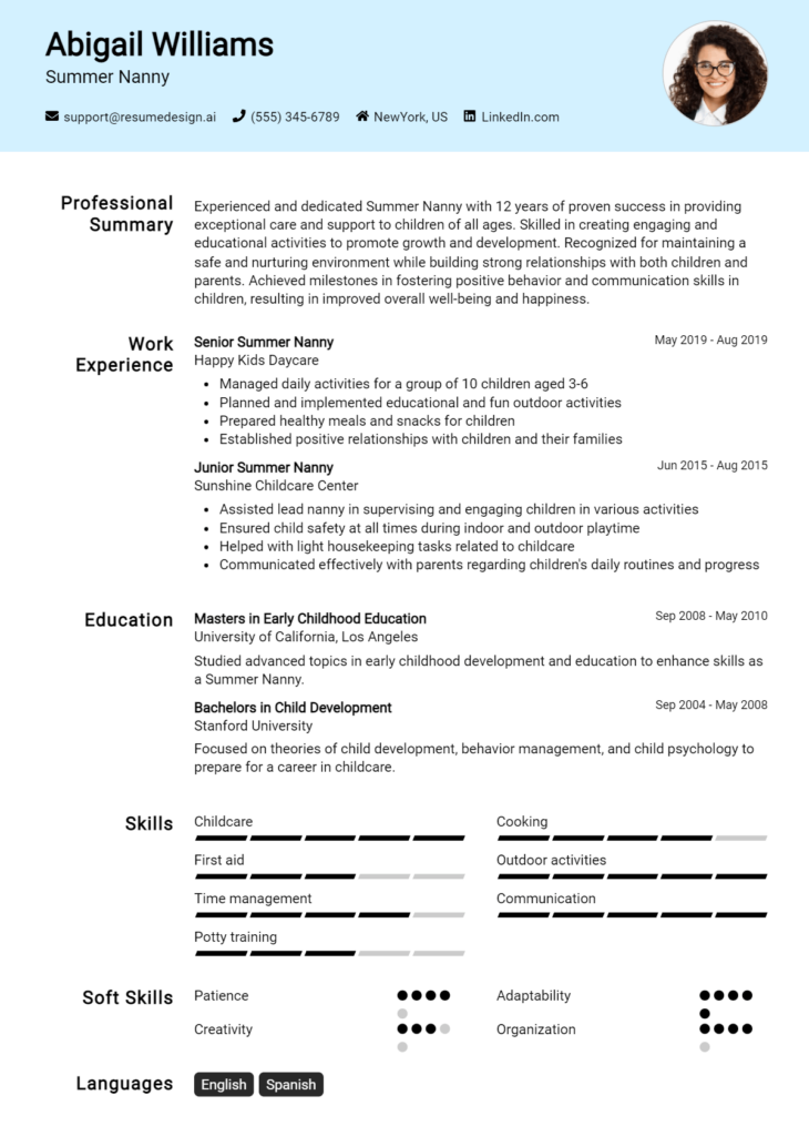 Summer Nanny Resume Example