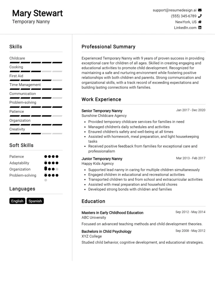Temporary Nanny Resume Example