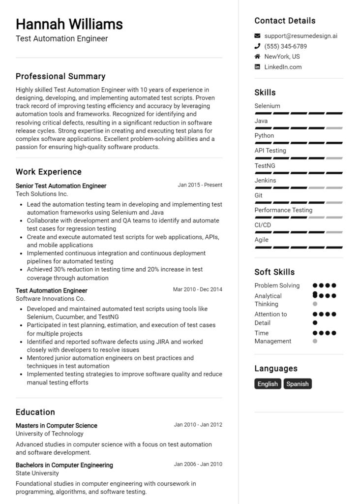 Test Automation Engineer Resume Example