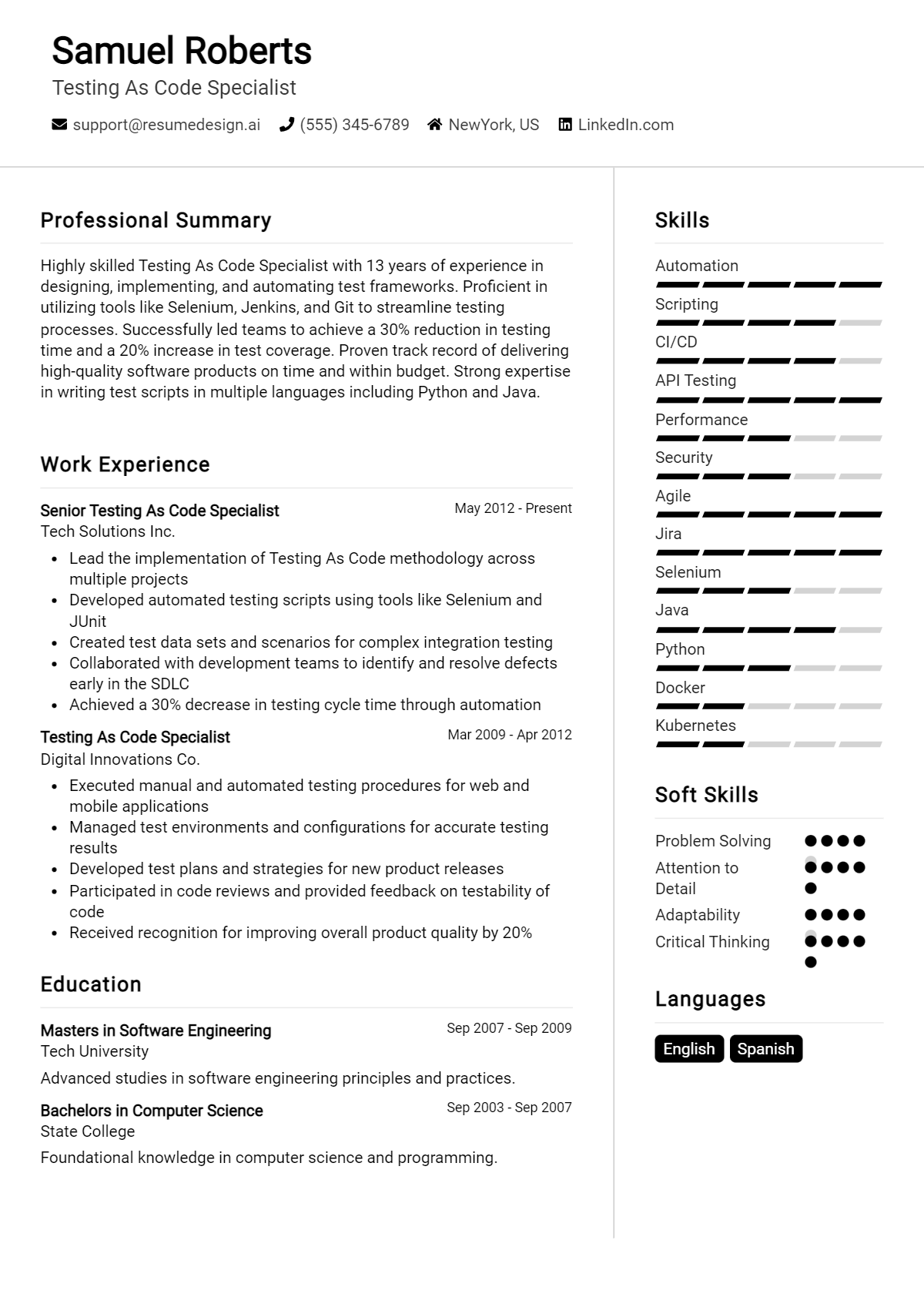 Testing As Code Specialist Resume Example