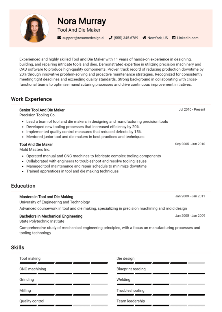 18 Tool and Die Maker Resume Examples And Templates for 2025